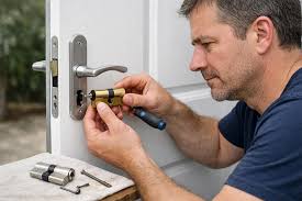Locksmith replacing a door lock